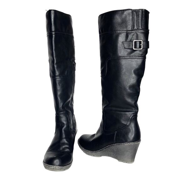 Bucco Torin Faux Black Leather Riding Boots Size 7.5 Chunky Wedge Heel Tall Boot - Picture 1 of 7